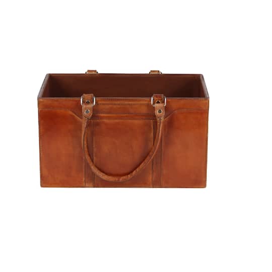 16" Brown Leather Rustic Magazine Holder